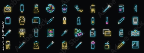 Colorful neon icons representing various art and craft tools