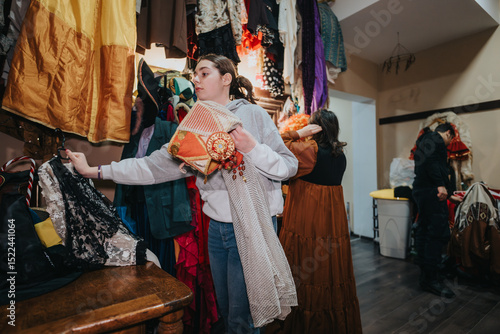 Fototapeta Actors backstage arranging costumes and props, depicting the busy process of preparation for a theatrical performance inside an immersive environment