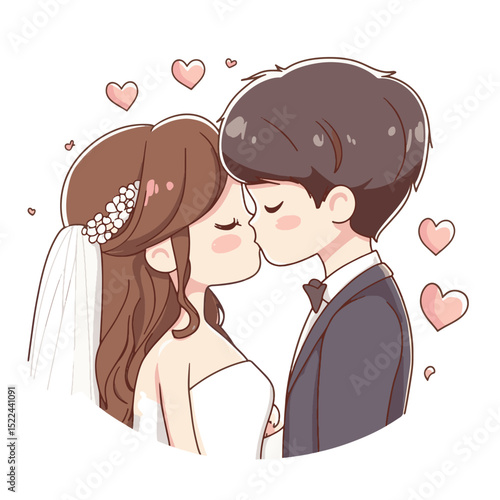 Eternal Bond: A sweet, romantic illustration of a just-married couple embracing and sharing their first kiss as husband and wife, surrounded by floating hearts, symbolizing love.