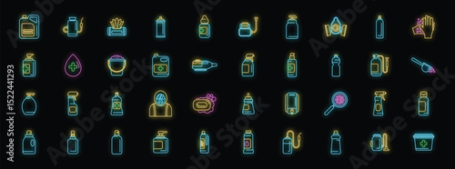 Neon icons representing various disinfection and cleaning supplies, promoting hygiene and disease prevention