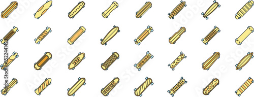 Longboard icons set featuring various styles and designs for skating, showcasing different shapes, patterns, and constructions