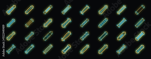 Different longboard shapes and sizes are glowing in neon style, creating a vibrant and dynamic composition representing skateboarding and urban culture