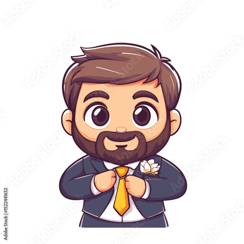 Cute groom portrait: Charming groom in formal attire, ready for the wedding, his eyes sparkling with anticipation, adorned with a lapel flower, and the backdrop enhances his joyful persona.
