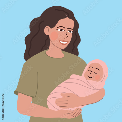 Happy mother holding her newborn baby wrapped in a blanket. Flat cartoon style illustration on blue background. Family, motherhood, and love concept