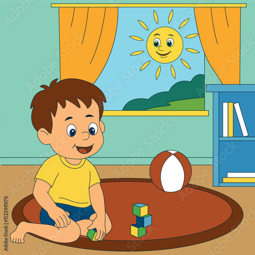 Happy little boy playing with toy blocks on the floor in a sunny room. Cartoon-style vector illustration for children, playtime, early learning, preschool, or educational materials