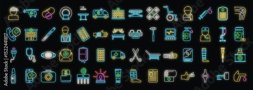 Bright neon icons illustrating various aspects of healthcare, from emergency services to hospital care and medical treatments