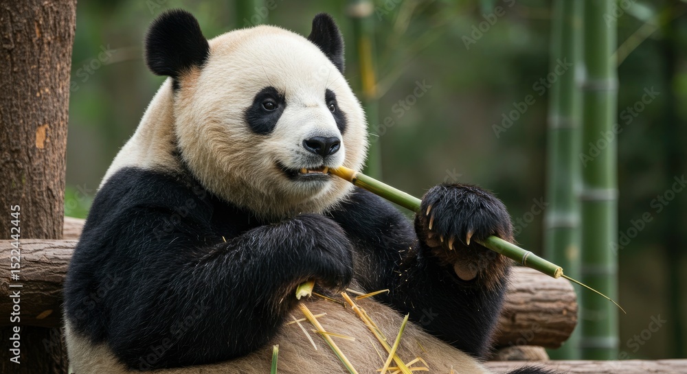 Obraz premium Giant Panda Eating Bamboo In Natural Habitat Surrounded By Greenery