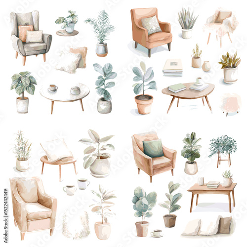 Watercolor cozy living room and home interior illustration set featuring plants, armchairs, decor, and tables, ideal for home design and lifestyle visuals.

