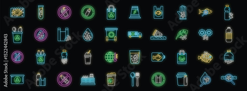 Colorful neon icons depicting various recycling and waste management symbols