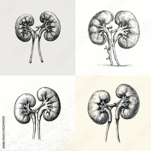 Detailed vintage-style black and white sketches of human kidneys. Ideal for medical illustrations, health education, or biology reference materials.

