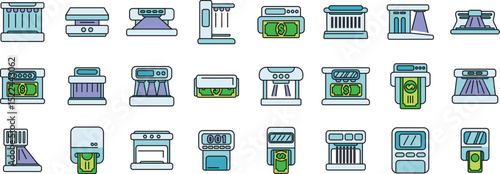 Set of money counter icons processing banknotes detecting and identifying bank currency cash