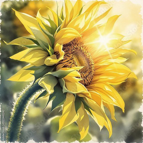 Bright Sunlit Sunflower Detailed Illustration