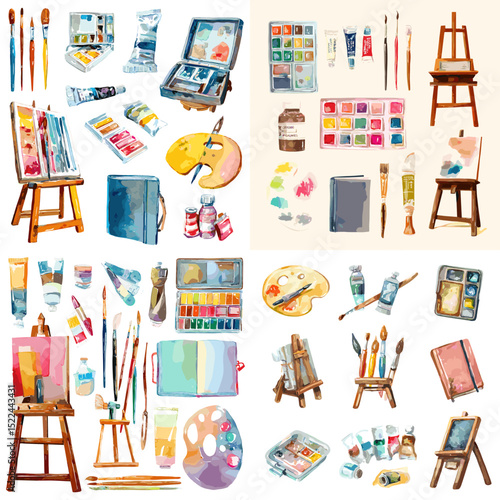 Watercolor set of artist materials including easels, brushes, palettes, and paint tubes. Ideal for creative design, art studio visuals, or painter-themed content.

