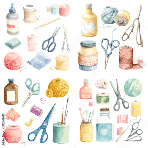 Watercolor illustration set of sewing materials including scissors, thread, yarn, and bottles. Perfect for craft blogs, handmade product branding, or DIY visuals.

