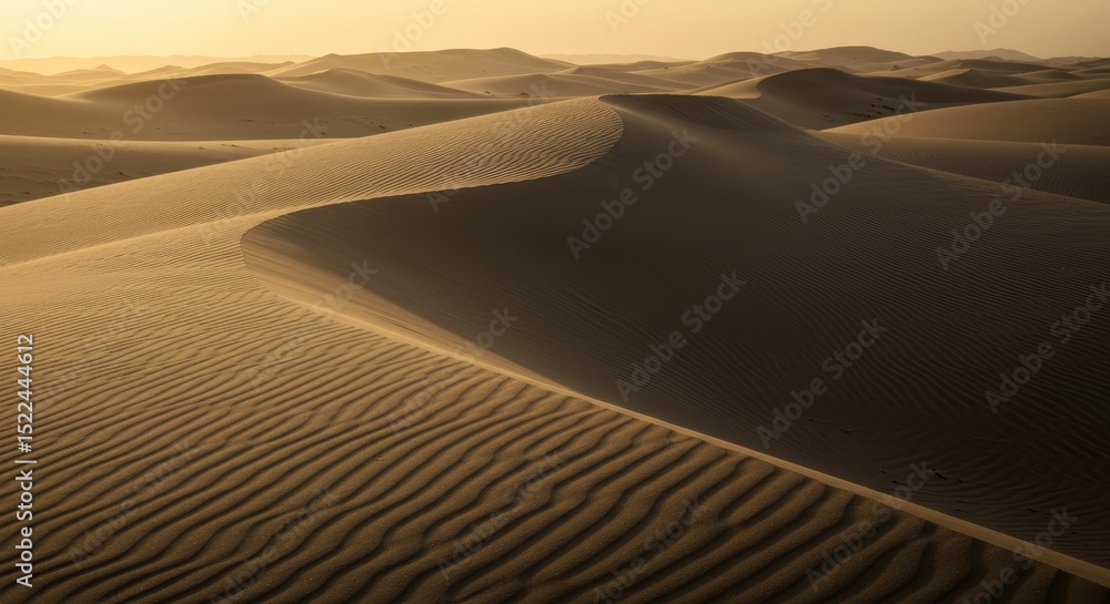 Naklejka premium Golden Hour Desert Landscape Featuring Textured Sand Dunes And Serene Shadows Under Warm Sunlight