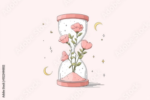 Enchanted Floral Hourglass Surrounded by Stars and Moons Evokes a Sense of Wonder and Tranquility, Blending Elements of Nature With the Passage of Time in a Whimsical Setting