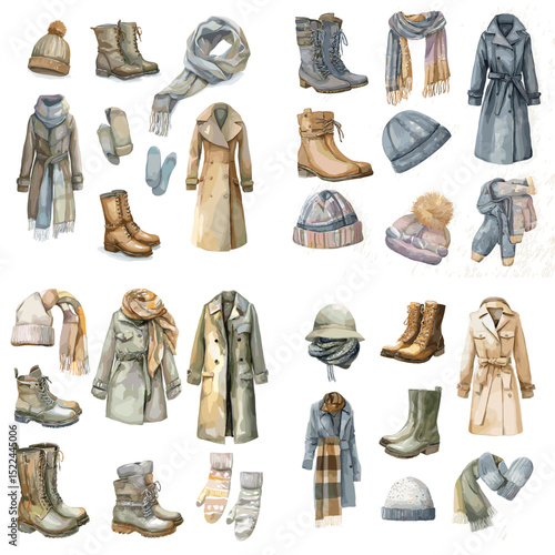Watercolor collection of winter clothing including coats, boots, scarves, and hats. Perfect for seasonal fashion content, cozy lifestyle, or clothing design.

