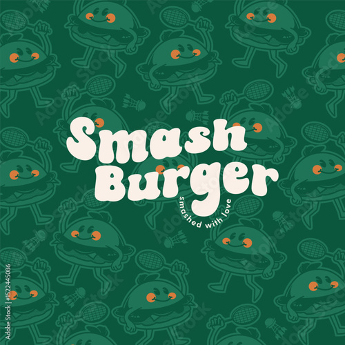 Smash Burger Mascot Playing Badminton - Retro Food Logo & pattern