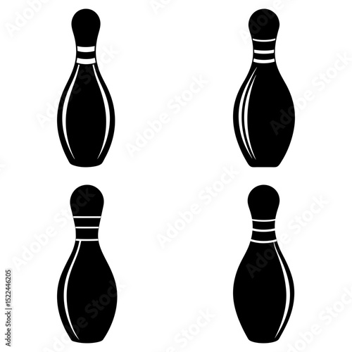 Four bowling pins in black and white with stripes around the neck in a symmetrical arrangement