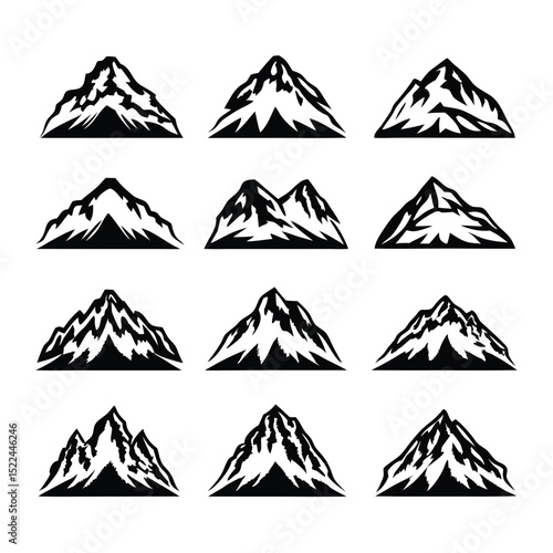 Mountain Peaks Silhouette Set, Black and White Range Icons, Isolated Rocky Top Collection