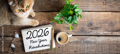 New year resolutions 2026 on desk. 2026 resolutions list with notebook, coffee cup, cute cat on table. Goals, resolutions, plan, cozy, hygge concept. New Year 2026 background, copy space