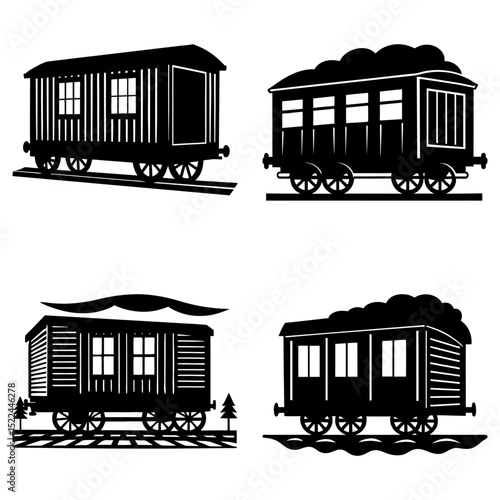 Illustration showing a set of four different train cars in black silhouette on a white background design