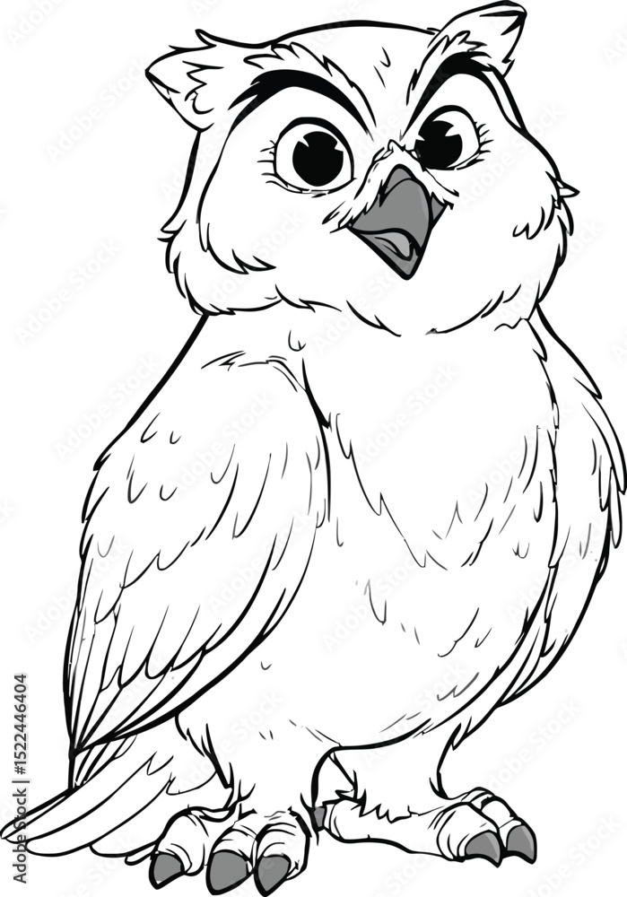 Obraz premium Owl Cartoon Character Vector – Wise and Cute Owl with Big Eyes and Feathers for Mascot, Coloring Page, or Kids’ Illustration Use