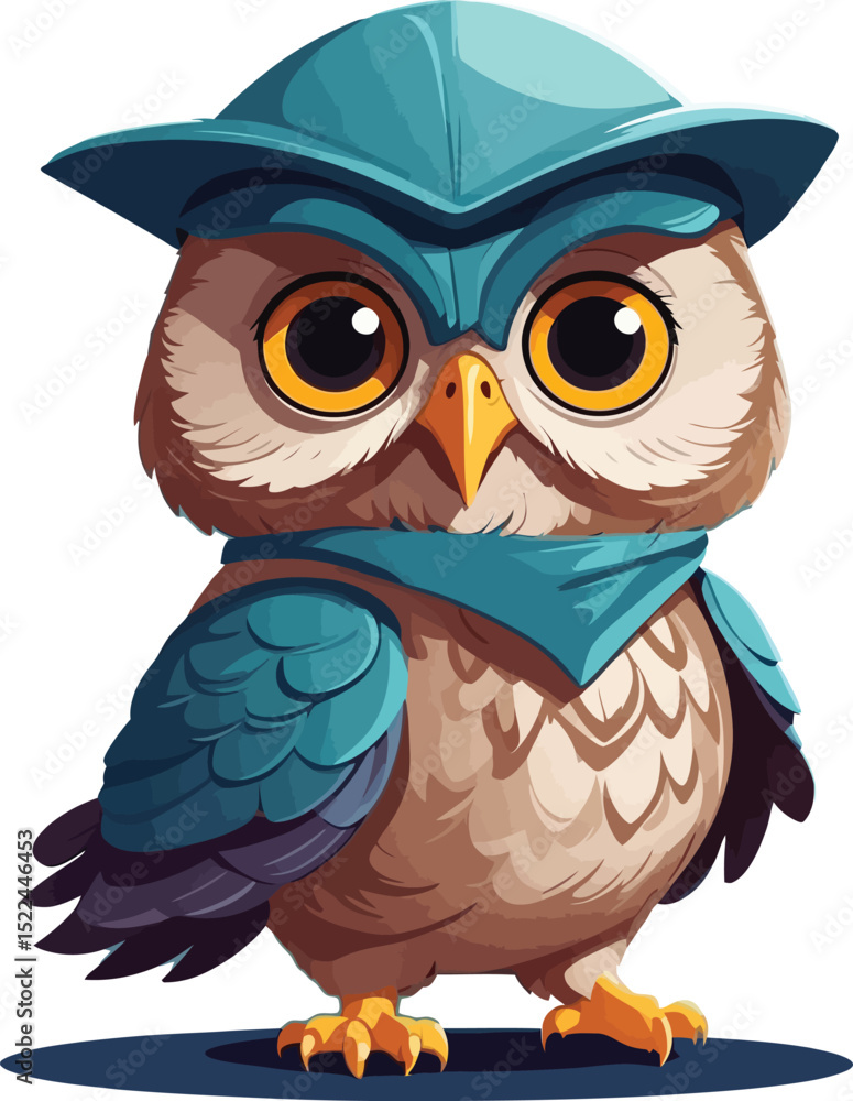 Obraz premium Owl Cartoon Character Vector – Wise and Cute Owl with Big Eyes and Feathers for Mascot, Coloring Page, or Kids’ Illustration Use