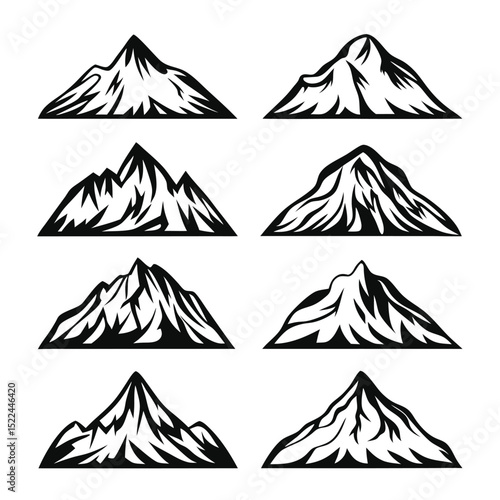 Black Mountain Icons, Peaks Silhouette Set, Rocky Hill Range, Adventure Outdoor Concept