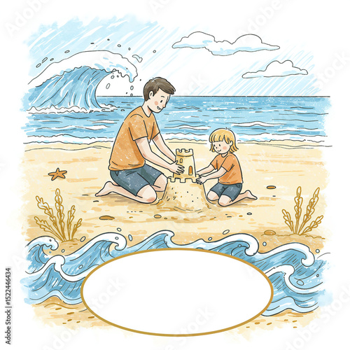 Joyful Father Daughter Building Sandcastle On Beach 