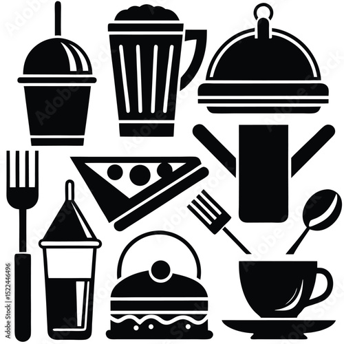 Black Silhouette Collection of Food and Drinks Items Isolated on White Background