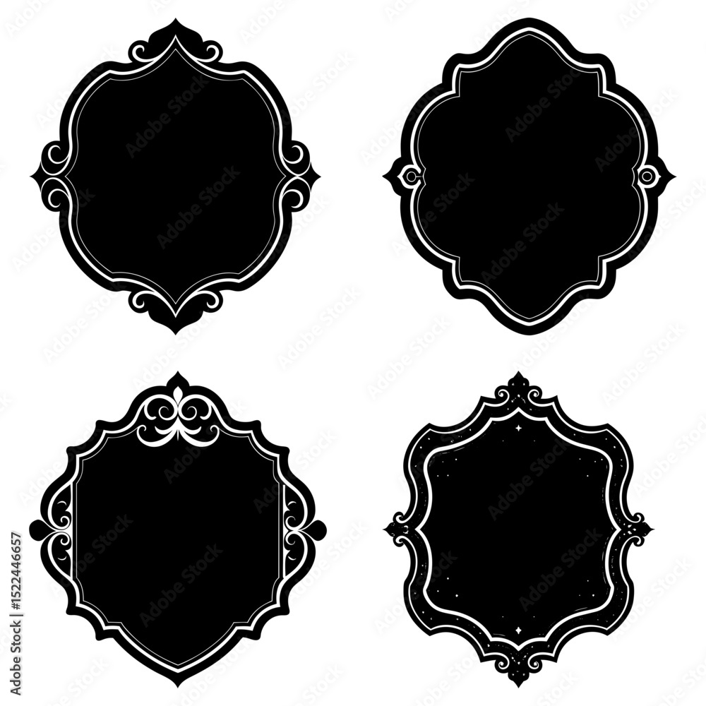 Collection of four ornate black frames with decorative borders on a white background image design Collection of four ornate black frames with decorative borders on a white background image design