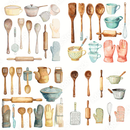 Watercolor illustration of kitchen tools including spoons, bowls, rolling pins, mugs, mitts, and graters. Ideal for culinary design, recipes, or home decor.

