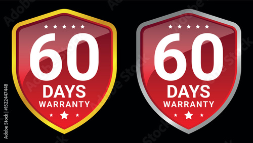 Red warranty badges with bold white 60 days text on shield shapes for product protection labels	