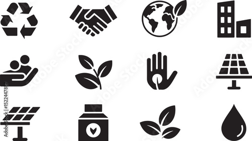 Collection of eco friendly sustainable icons representing conservation and renewable energy