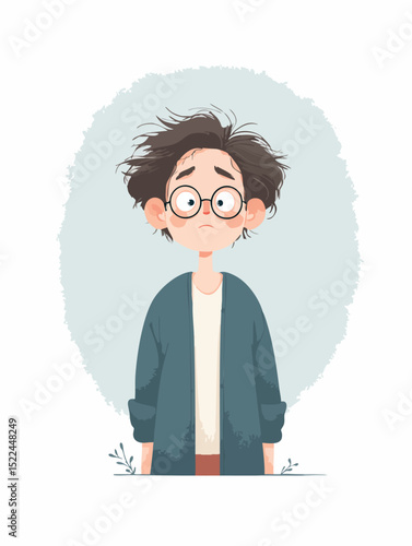 Student struggling with insomnia, messy hair, dark-rimmed glasses, exhausted facial expression revealing sleepless night's mental strain