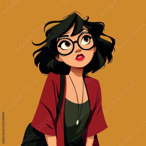 Female professional wearing glasses, bright red lipstick, gazing upward with inquisitive facial expression