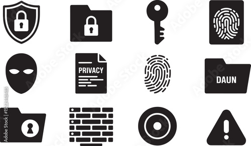 Security and privacy icons featuring shield folder lock key fingerprint and warning sign