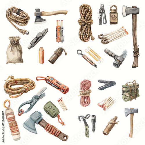 Detailed watercolor illustrations of bushcraft and survival tools including axes, ropes, knives, fire starters, and multitools. Great for outdoor or tactical content.


