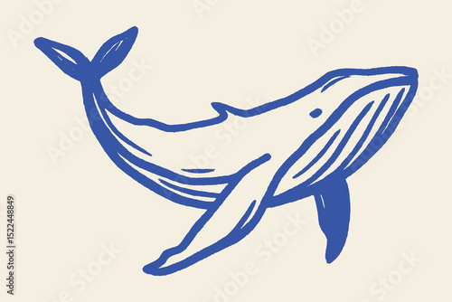 Whale naive brush sketch blue vector illustration

