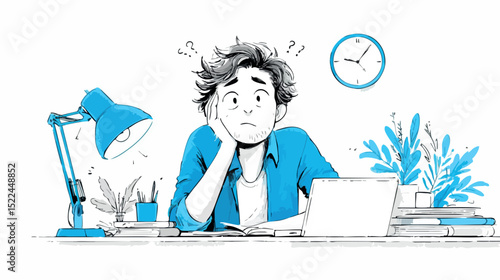 Stressed startup manager experiencing uncertainty, hand resting on face while working at cluttered office workspace