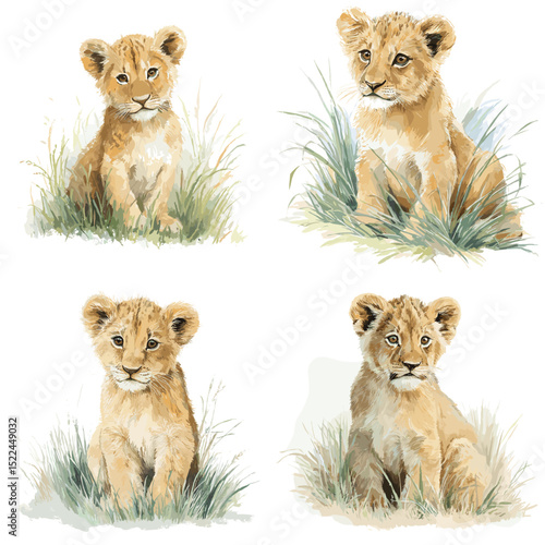 Adorable watercolor illustrations of baby lion cubs sitting in grassy landscapes. Perfect for nursery art, wildlife prints, or children's animal books.

