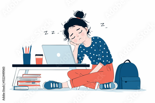 Young student falling asleep near her laptop after studying hard, minimalist flat style illustration