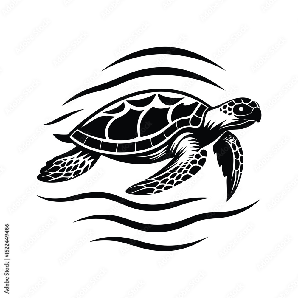 Fototapeta premium Sea Turtle Silhouette Swimming in Ocean Waves, Elegant Monochrome Aquatic Animal Design