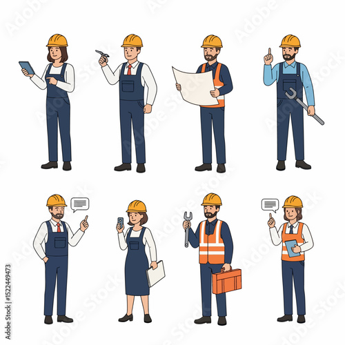 Construction workers characters with hard hats and tools
