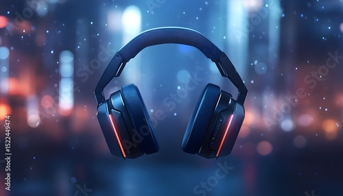 Close-up of modern headphones against a blurred city background.