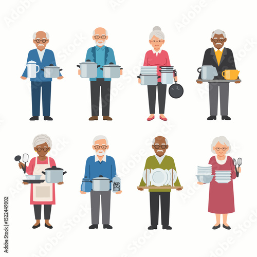 Seniors holding kitchenware food and kitchen