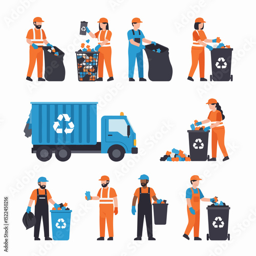 Garbage collection workers and recycling truck