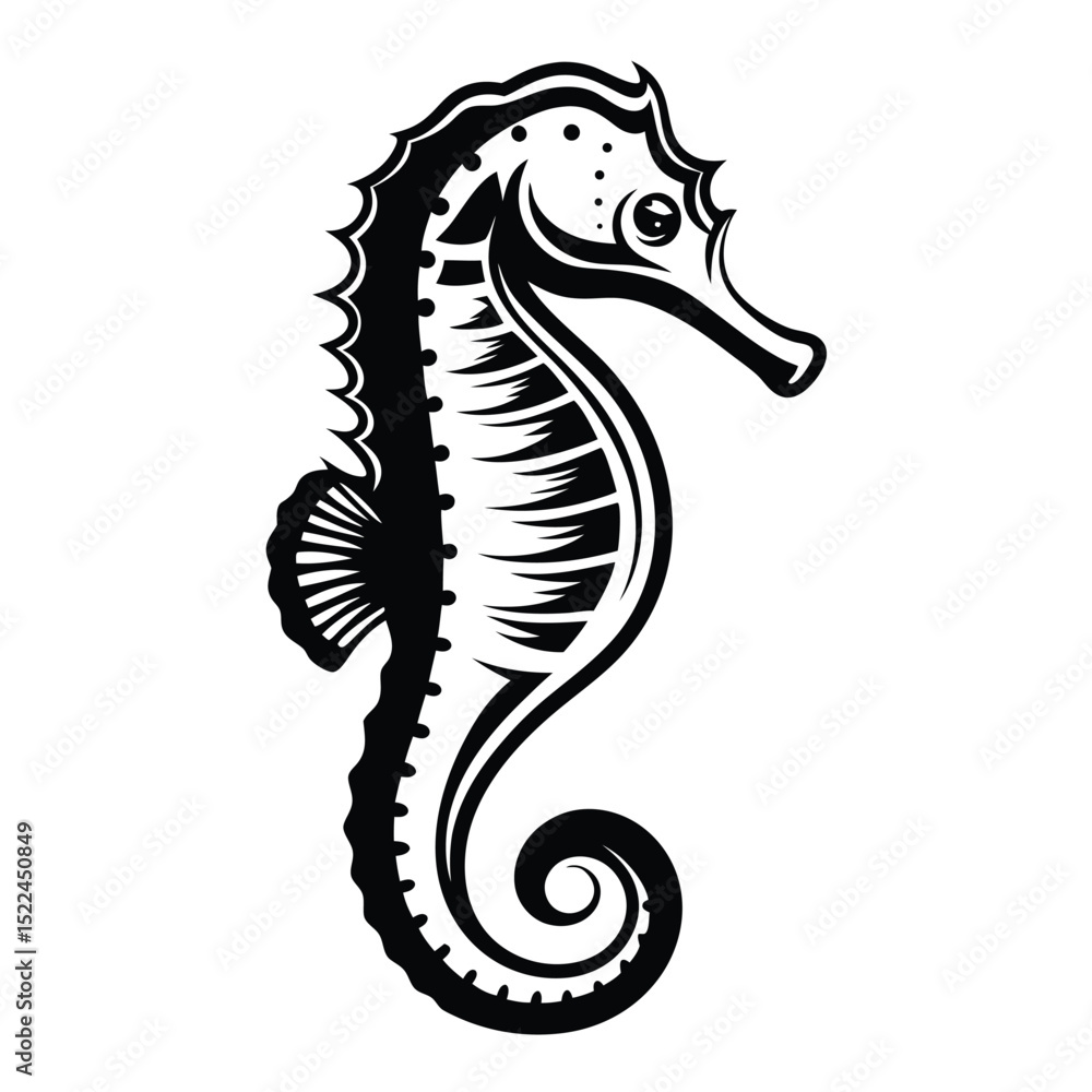 Fototapeta premium Sea Horse Illustration, Hippocampus, Black and White, Marine Life, Isolated