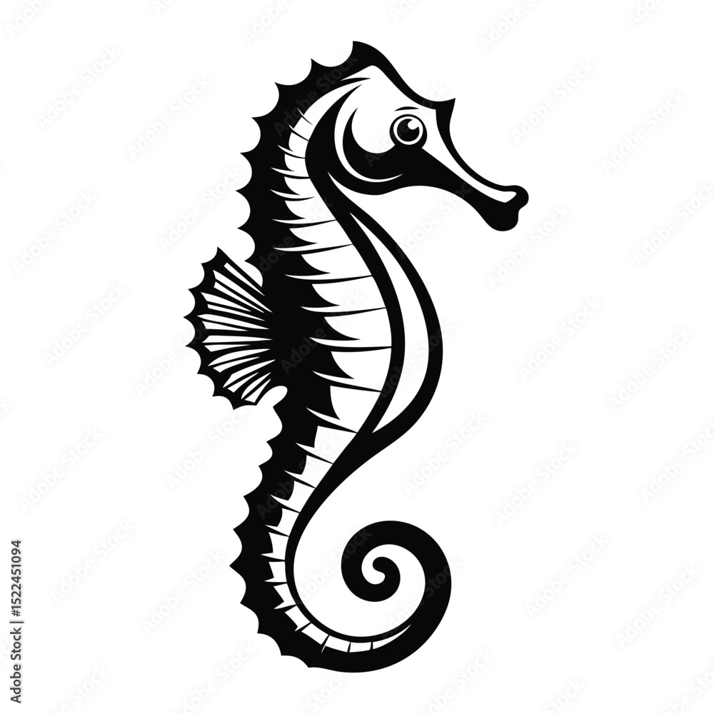 Fototapeta premium Stylized Black and White Seahorse Illustration, Aquatic Sea Animal Design, Isolated